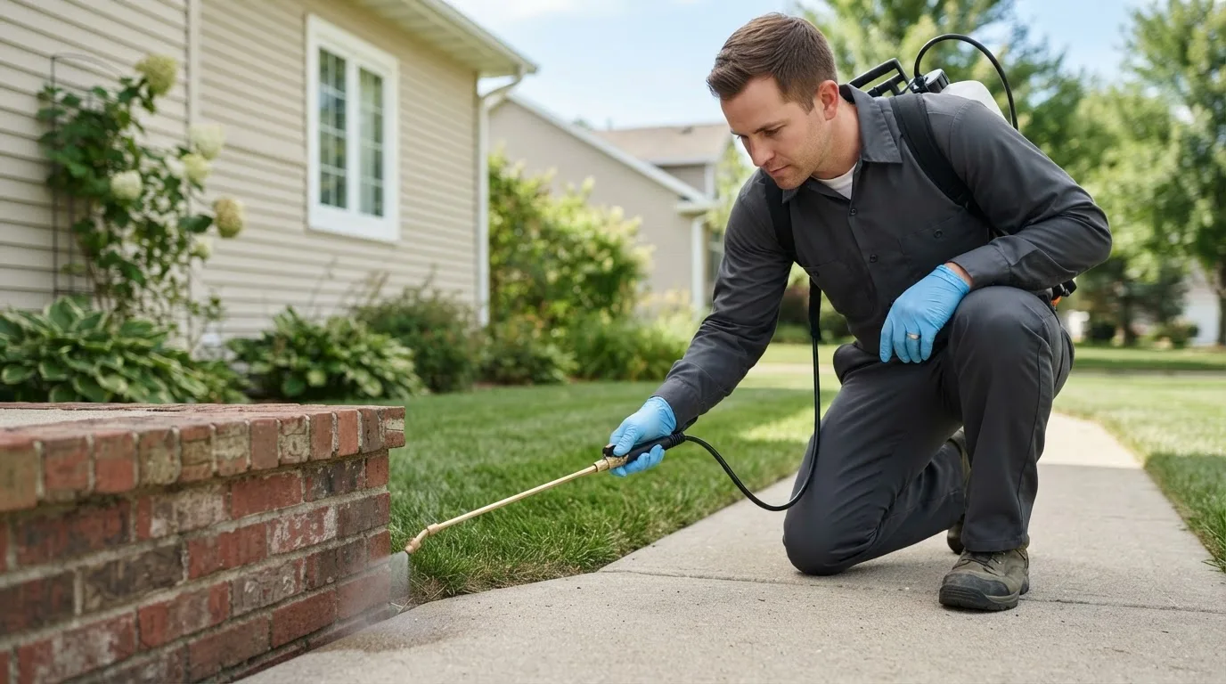 Pest control technician treating a home near La Center, WA